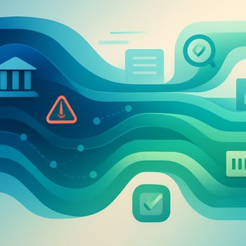 Modern illustration showing connected data flows that represent embedded compliance and risk management in financial services.